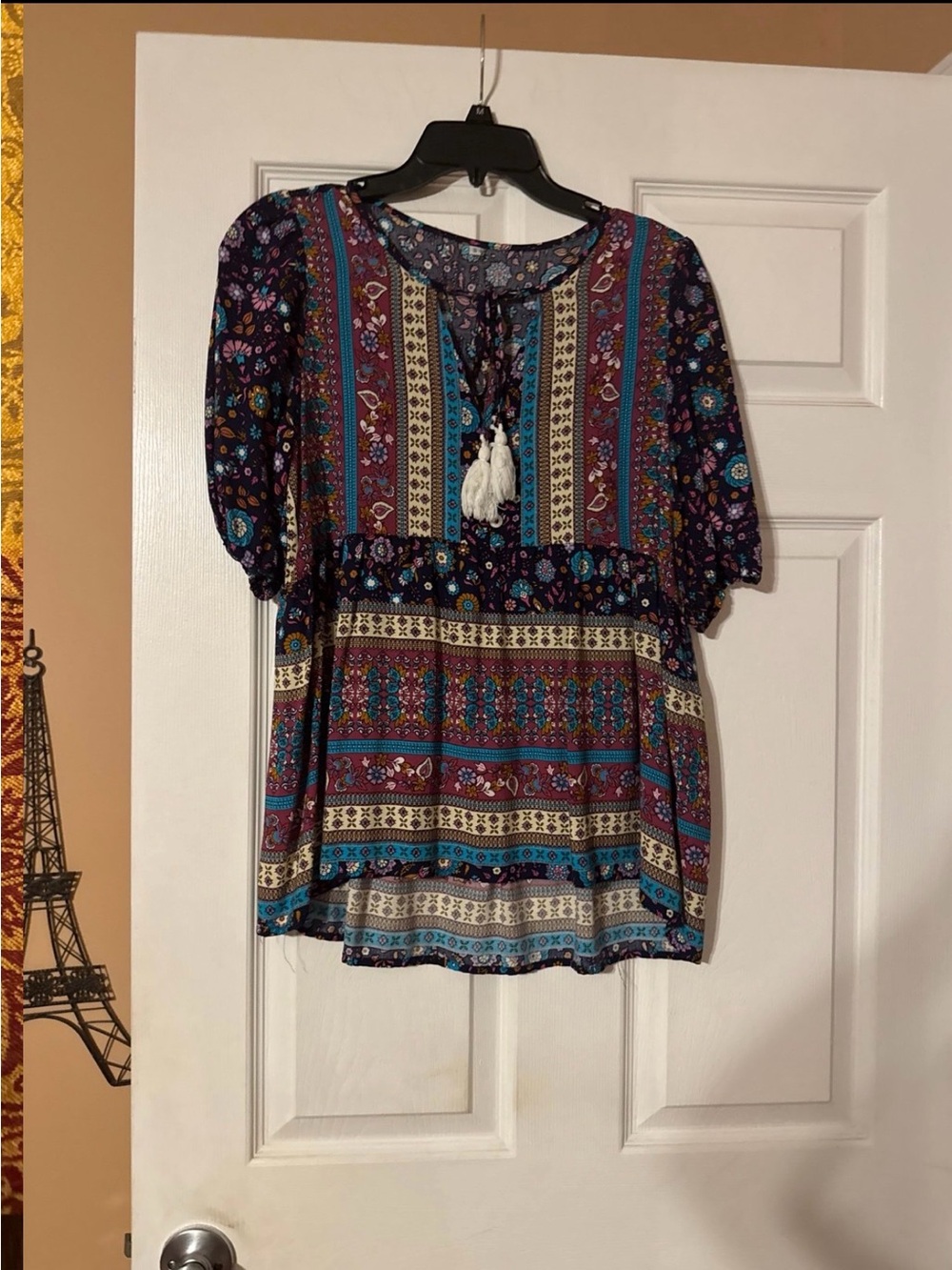 Boho Tassel Peasant Top - Purple Multi